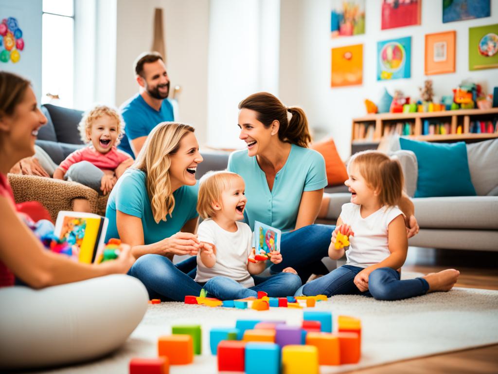 A group of parents and children sitting in a circle, holding hands and smiling, surrounded by colorful toys and books. The parents are leaning in attentively as one child shares something with the group, while another child looks on excitedly. In the background, there's a cozy living room with pictures of family members on the walls and a fireplace burning brightly.