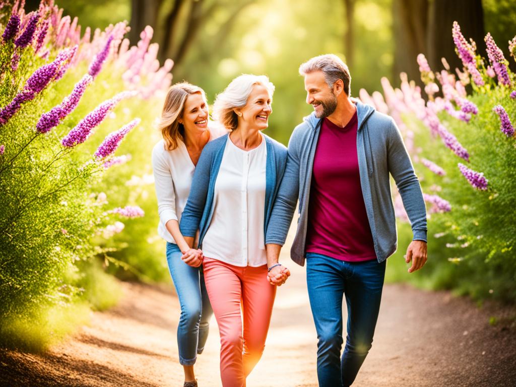 A smiling couple holding hands with a child between them, walking down a path lined with trees and flowers. The child is happily skipping, and the parents have their arms around each other, showing their unity in co-parenting.