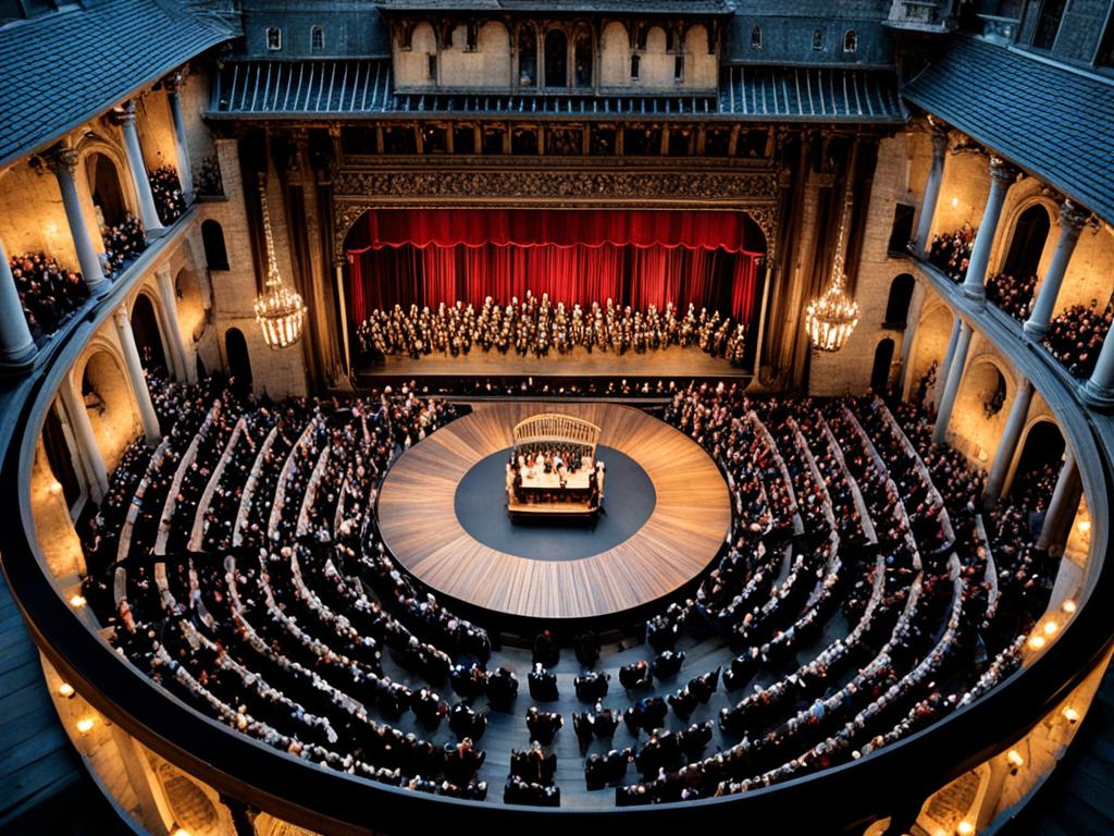 A bird's eye view of an Elizabethan theatre filled with a large crowd of people. The stage is lit by candlelight, with actors performing a play while musicians play in the background. The architecture of the theatre is elaborate with detailed columns and arches. The audiences are dressed in traditional Elizabethan clothing, with men in doublets and hoses, and women in elegant gowns with ruffles and lace. In the background, there is a skyline of the Elizabethan city, with its distinctive architecture and spires. The overall mood is one of excitement and entertainment, capturing the essence of the Elizabethan era's love for both literature and performing arts.