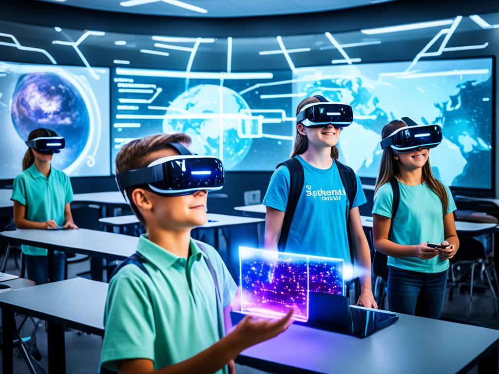 A futuristic classroom with holographic displays and students using virtual reality headsets to learn.