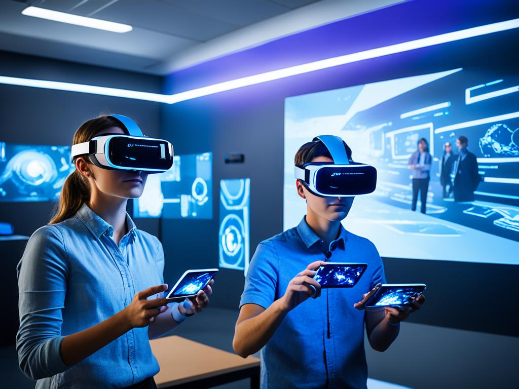 A futuristic classroom with students using sleek, handheld devices to collaborate on a virtual reality project. The devices emit a soft blue light, casting shadows on the walls of the room. The students are engaged and focused as they manipulate their virtual creations. In the background, a holographic teacher gives instructions and monitors their progress.