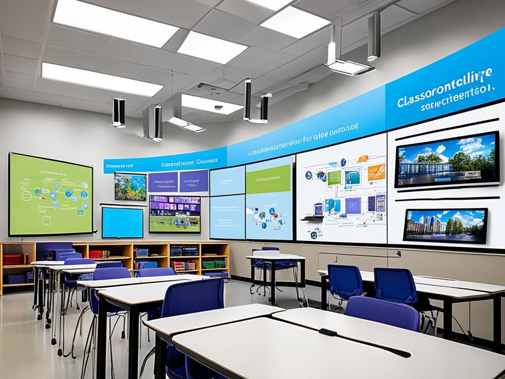 An image of a modern and technologically advanced classroom, where students are immersed in a digital environment. The image shows students working on laptops and tablets, with interactive screens and electronic whiteboards displaying educational materials. The classroom has a sleek and futuristic design with minimalistic furniture and a predominantly monochromatic color scheme. The image incorporates elements that suggest a collaborative learning environment, such as group tables or open workspaces. The overall atmosphere of the classroom is energetic, creative, and dynamic, conveying the idea that technology can enhance the learning experience.