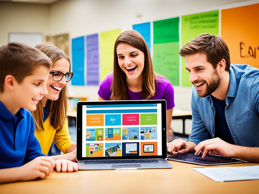 An image of  where students engaged in interactive learning with the use of  laptops. The image shows the students happy while working on their project and participating in group discussions to enhance their learning experiences. Bright colors and dynamic visual elements are used to convey the excitement and energy of modern educational technology.