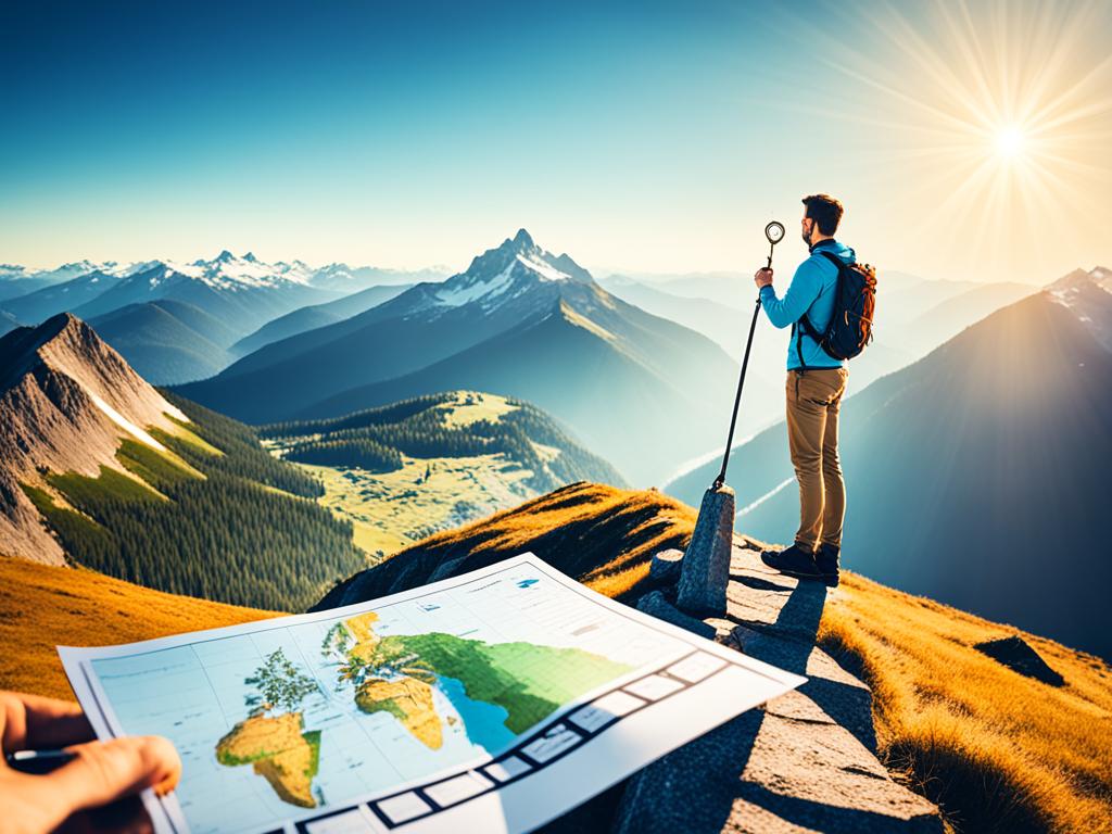 A man standing on a mountain peak, looking out at a vast landscape with a clear path leading towards a shining golden key. The key represents achieving his financial goals, and the landscape symbolizes the obstacles he must overcome to reach it, such as debt, budgeting, and investing. The man is determined and focused, holding a map and compass in his hands as he takes the first step towards his financial success. The colors are vibrant and inspiring, with shades of blue and green representing growth and stability, and gold signifying wealth and abundance.