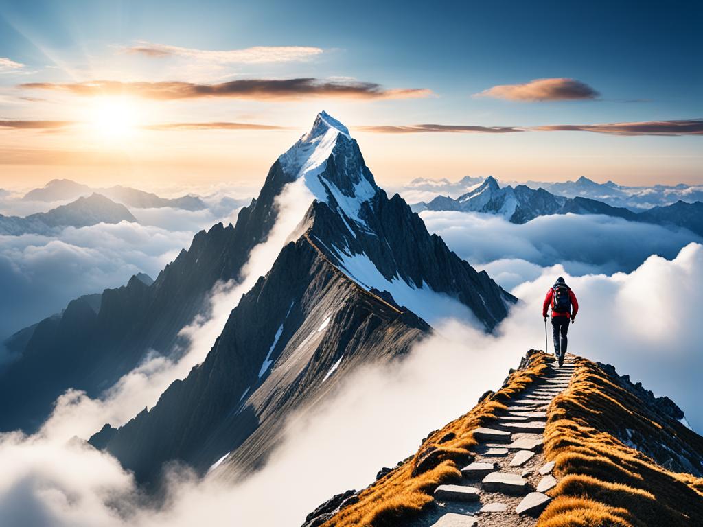 A mountain peak with a winding trail leading to the summit, representing the journey towards financial goals. The mountain peak is surrounded by clouds, suggesting that achieving these goals may be difficult and require perseverance. At the top of the mountain peak, there is a glowing treasure chest, symbolizing the attainment of financial rewards after working hard to reach the top.