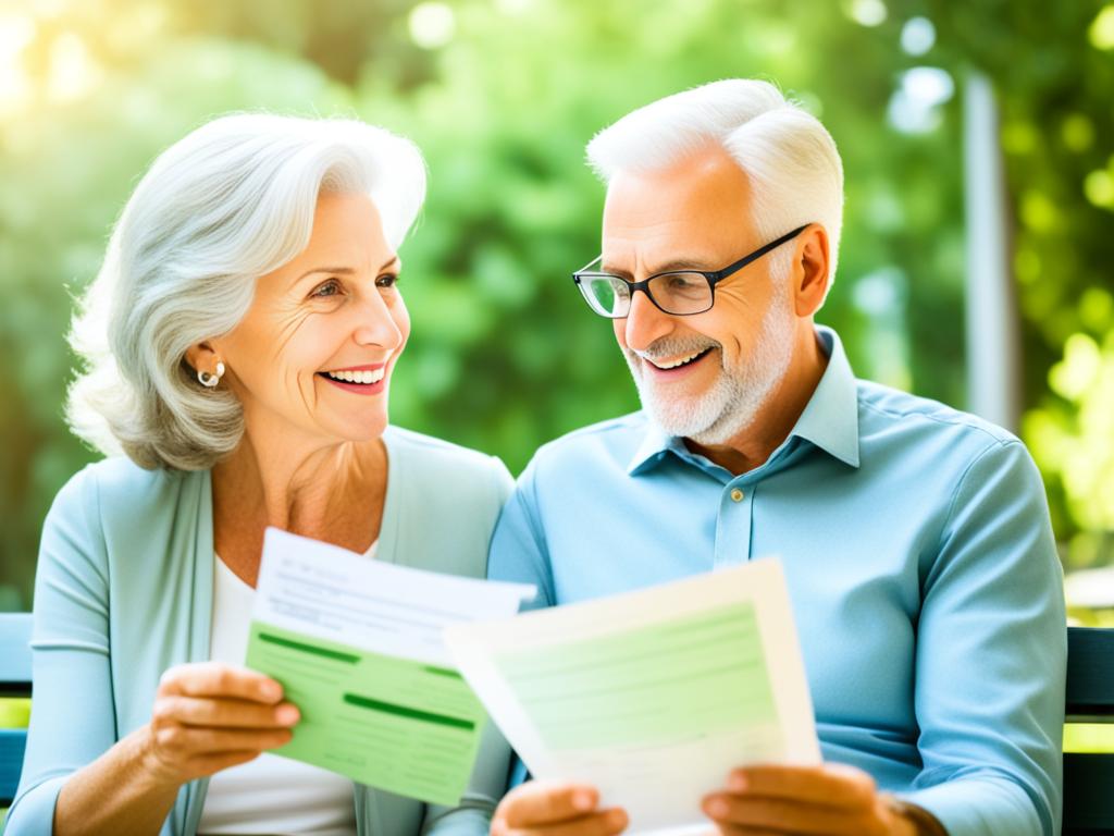 A couple sits on a park bench, surrounded by greenery. They are both holding and looking at a sheet of paper with savings goals written out. They both look content and focused on their retirement planning.