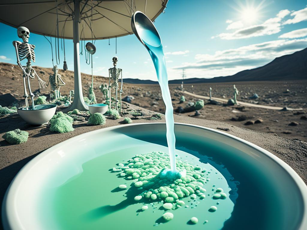 A distorted water source leading to a barren town with skeletal figures lying around. A cloud of bacteria looming overhead while an empty bowl and spoon sit in the foreground.