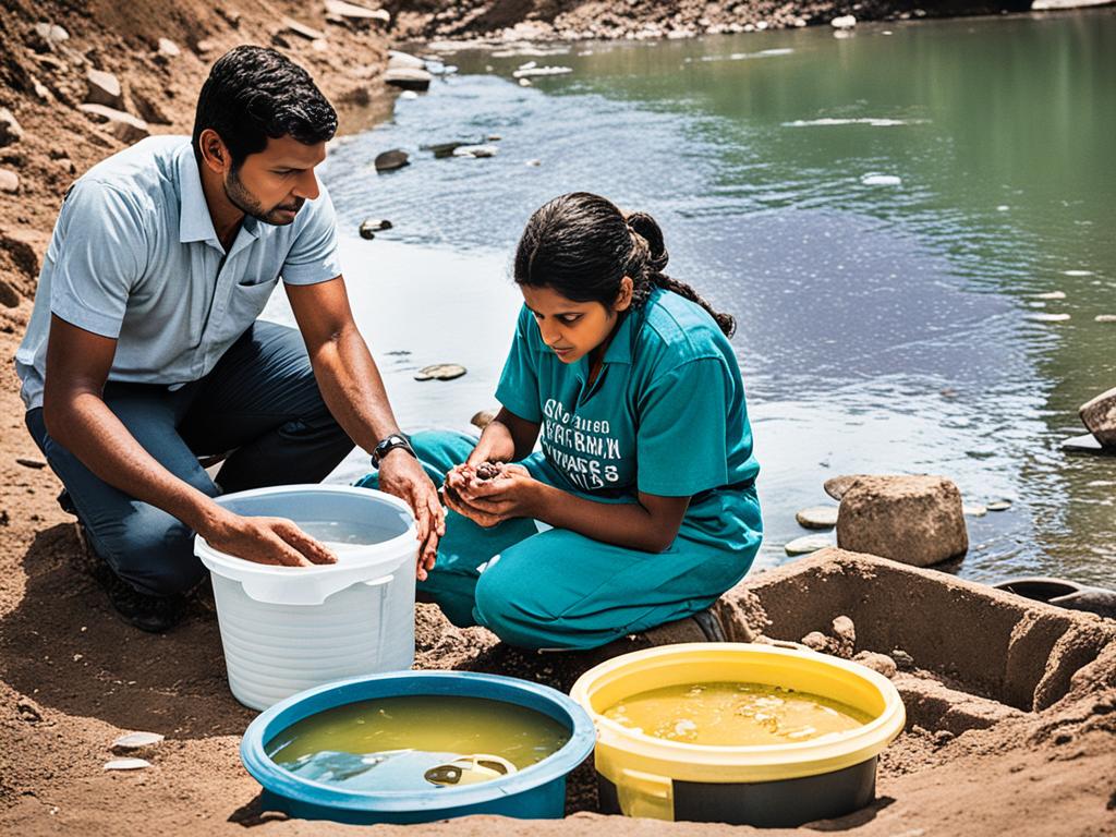 An image that visualizes the spread of cholera through contaminated water sources, such as a river. The image includes two health workers - a man and a lady, highlighting the risk factors that contribute to cholera transmission, such as poor sanitation and hygiene practices. Muted colors are used to convey the severity of the disease and its impact on communities.