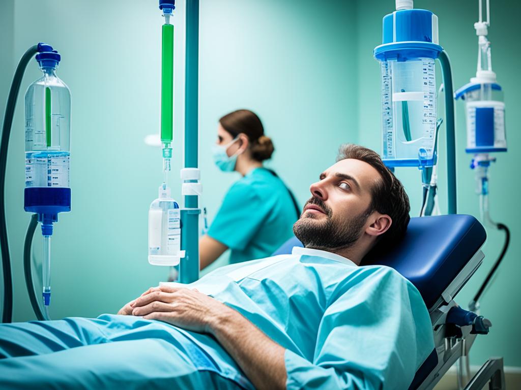 An image of a young man receiving rehydration therapy for treatment. The man is lying down and have a drip or IV bag attached to them. The setting is clean and sterile, with medical equipment visible in the background. The image uses cool colors, like blues and greens, to create a calm and healing atmosphere.