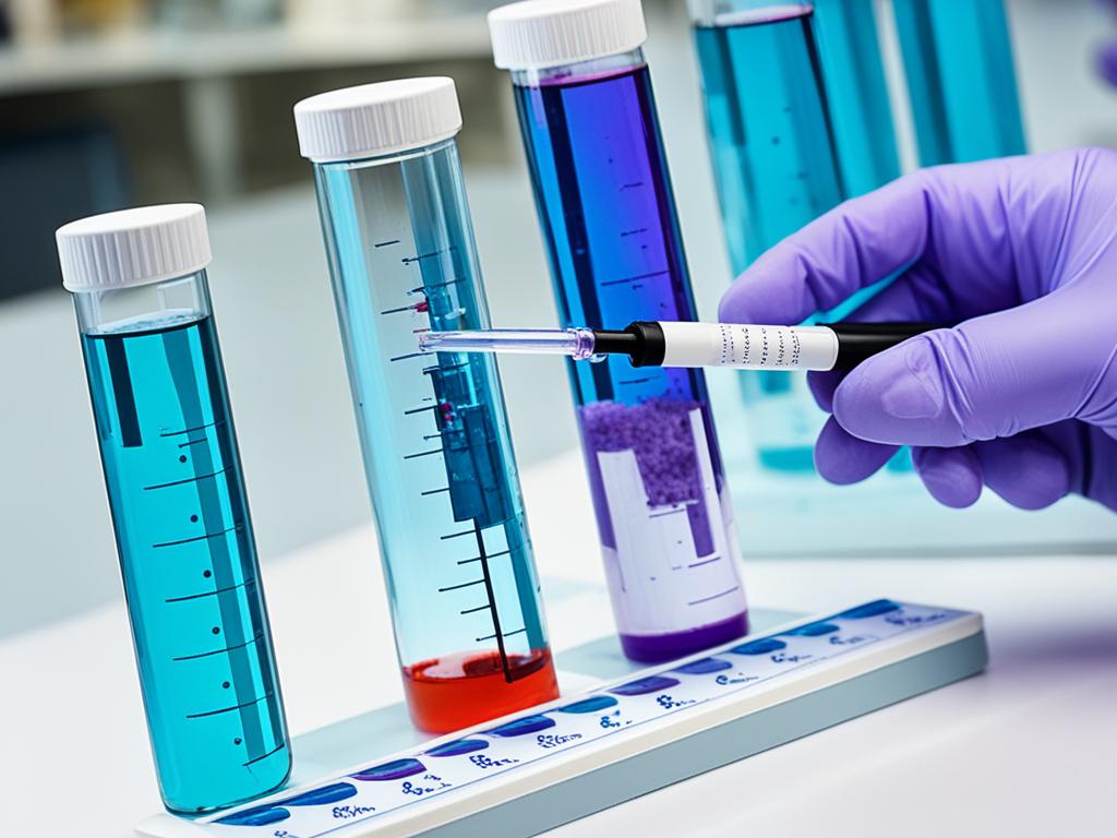 An image of a laboratory test being conducted to confirm the presence of cholera bacteria in a stool sample. It shows a microscope slide with a magnified view of the bacteria, along with test tubes, pipettes, and other lab equipment in the background. The image uses shades of blue and purple to represent the severity of the infection and adds a sense of urgency by depicting a timer in the corner of the image.