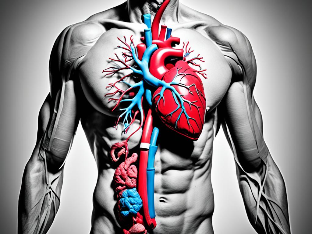 An image portraying the physical toll of drug abuse on the body. It shows the damage to vital organs such as the heart, lungs, and brain, using vivid and contrasting colors to highlight the effects. It illustrates the body's deterioration through visual metaphors such as decay, corrosion, or fragmentation. Symbols are used to illustrate the loss of life, potential, and energy resulting from drug addiction.