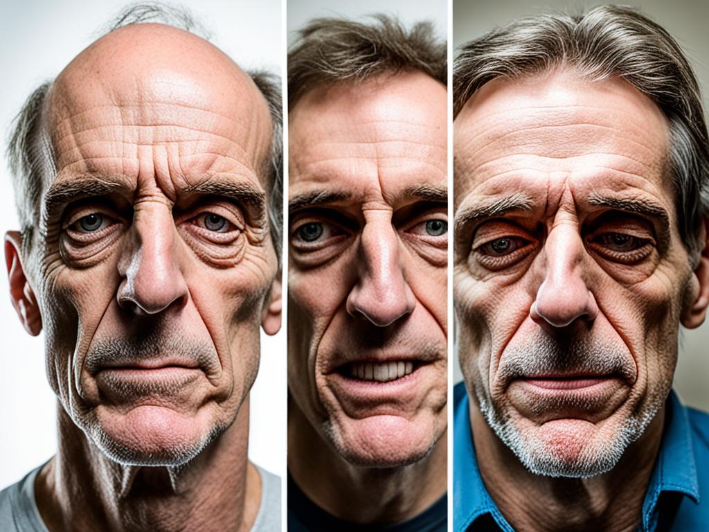 An image showing the progressive deterioration of a person's physical appearance and mental state due to addiction, starting from their healthy and happy state to their final stage of being emaciated, disheveled, and detached from reality.