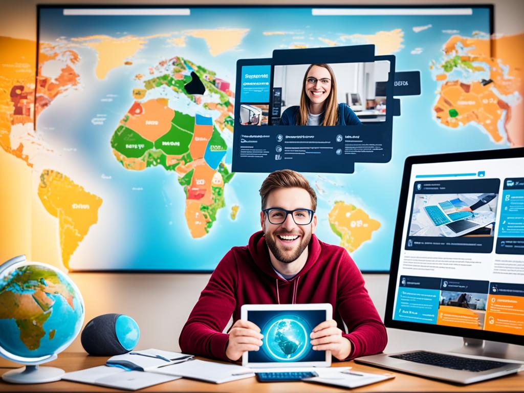 A man sitting in front of a computer surrounded by digital devices, with virtual learning platforms and educational materials visible on screen. The man appears engaged and focused on his studies, with a sense of excitement and possibility evident in his expression. A world map displayed on the screen suggests the potential for global connections and cross-cultural exchange through e-learning.