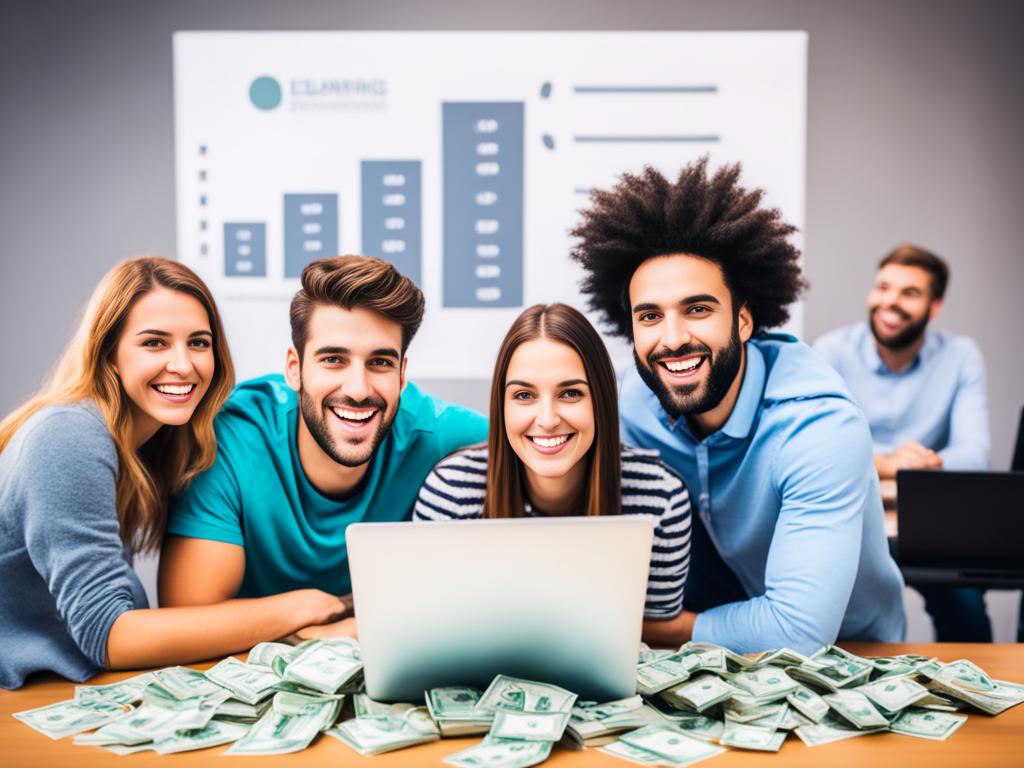 A group of diverse students sitting in front of their laptops, each with a smile on their face, surrounded by stacks of money symbolizing their cost savings from using e-learning.