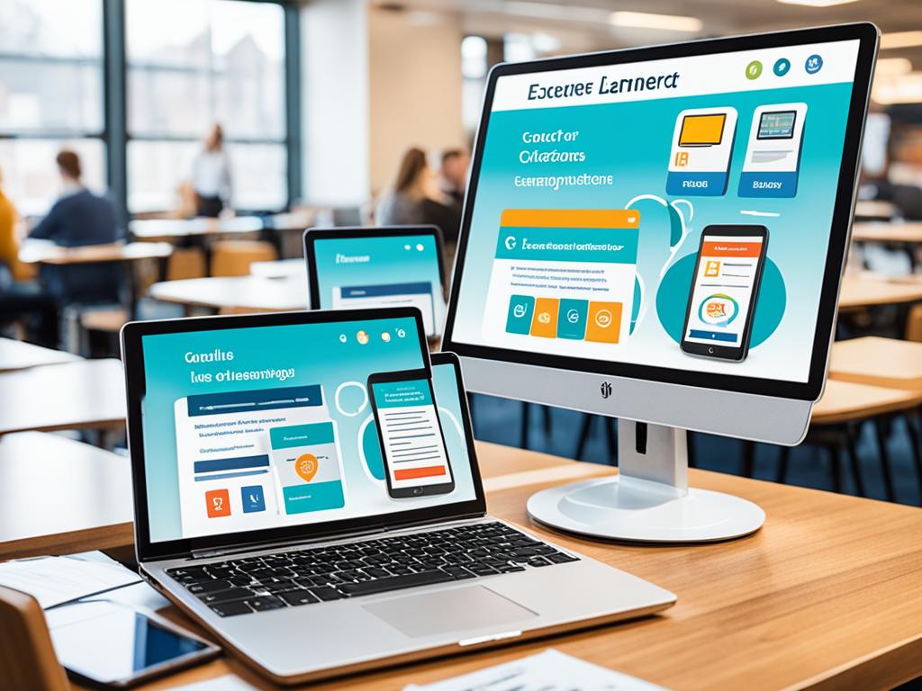 An image of various digital devices, such as smartphones, laptops, and tablets, with colorful and engaging learning materials displayed on their screens. The image uses interactive elements, such as quizzes, videos, and animations, to illustrate how e-learning can enhance learner engagement. It shows the devices being used in different settings, such as a classroom or a coffee shop, to emphasize the flexibility of e-learning. Bright colors and dynamic shapes are used to create a visually appealing image that captures the excitement of using interactive learning resources in the digital age.