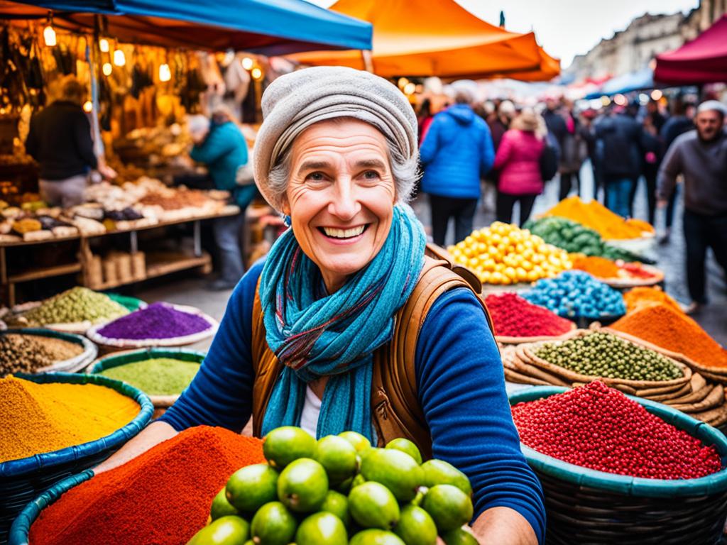 A picture of a woman with fruits at a market