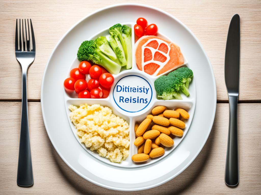 A plate with a variety of foods, some crossed out with a red marker, symbolizing dietary restrictions.