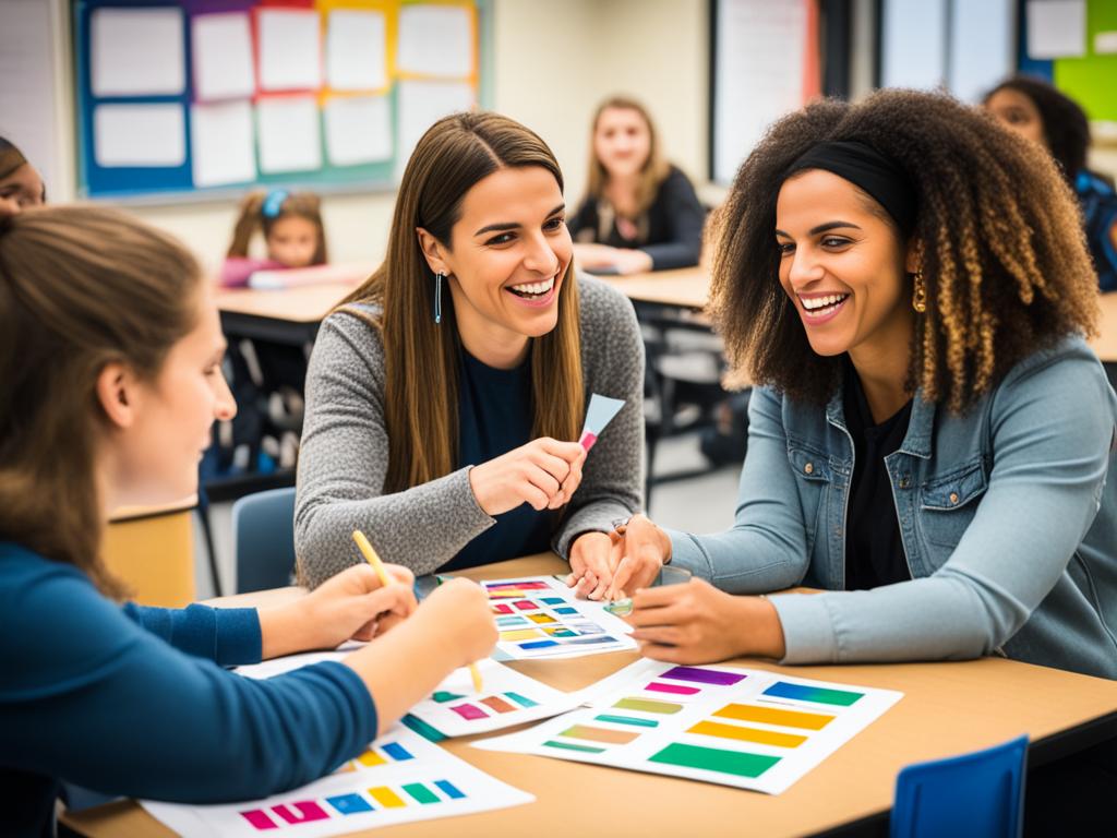 A classroom scene with diverse students engaged in interactive learning activities that promote gender equality. The teacher is using visual aids and instructional materials to teach about gender stereotypes and encourage critical thinking and reflection on gender norms. Students are shown challenging these norms through group discussions, creative projects, and collaborative problem-solving. The image conveys a sense of inclusivity, respect, and empowerment for all genders.