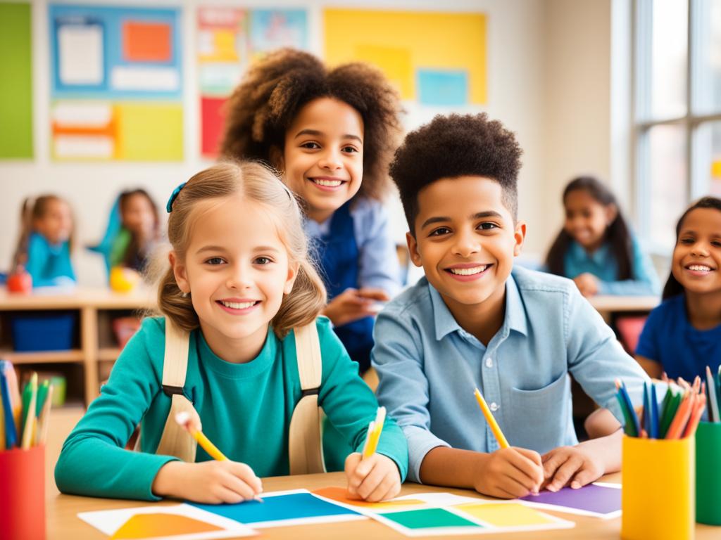 An image of a classroom setting with boys and girls of different ages and ethnicities engaging in various educational activities, using the same resources and materials. The environment reflects inclusivity and fairness, with equal opportunities and access to education for all genders. The image uses colors that evoke diversity and vibrancy to showcase a positive learning atmosphere.