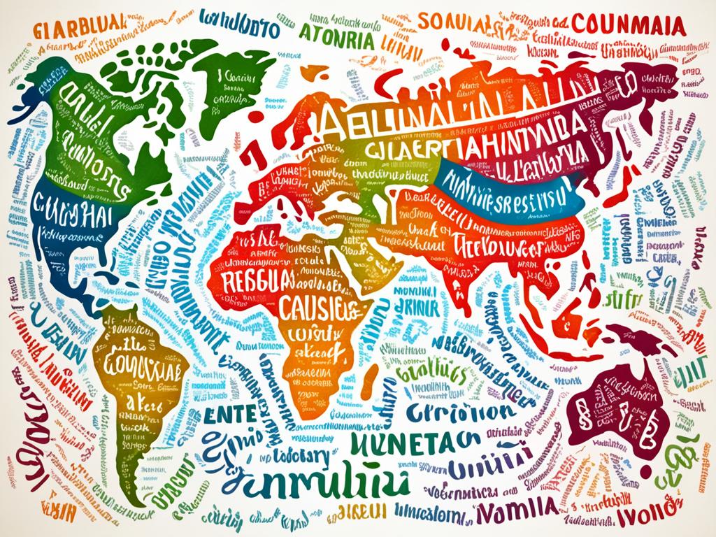 A colorful world map made up of different languages and scripts.