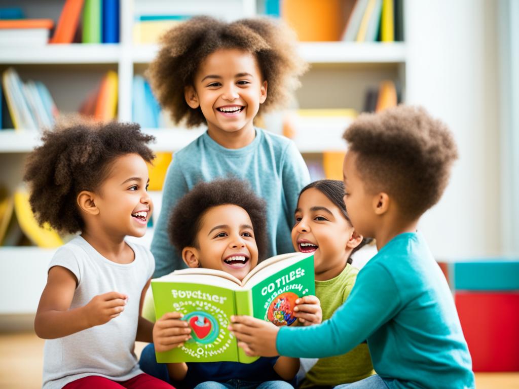 An image of a group of children of different ethnicities playing together and sharing books with each other.