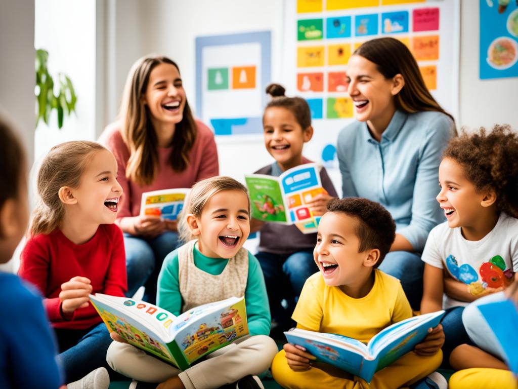 A group of diverse children sitting in a circle and sharing stories in various languages. Each child has a book in their lap with colorful illustrations. They are smiling and laughing as they communicate with each other. In the background, there are multilingual posters and charts showcasing different languages and alphabets.