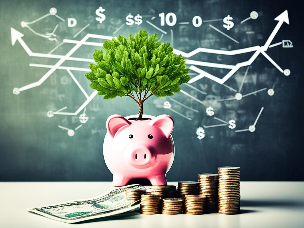 Personal Finance: A tree growing money with roots in a piggy bank, symbolizing how investing can help grow your savings over time. In the background, a chart shows the potential returns of different investment strategies, such as stocks, bonds, and real estate. The tree's branches reach towards different investment options, highlighting the importance of diversification in a balanced portfolio.