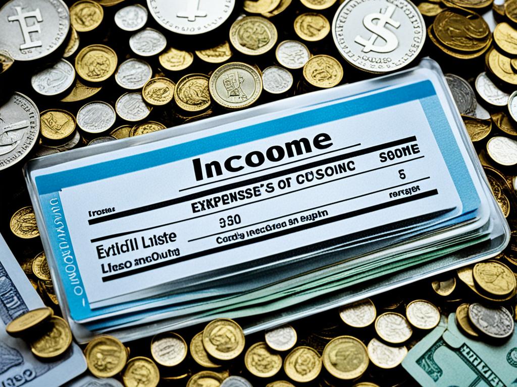 Personal Finance: A pile of coins and bills sitting on a scale, with one side weighed down more heavily than the other. On the heavier side, a label reads "expenses", while the lighter side reads "income".