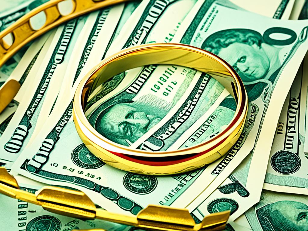 Financial Implications on Marriage: A golden wedding ring in a scale balanced by stacks of money on one side and common household items on the other.