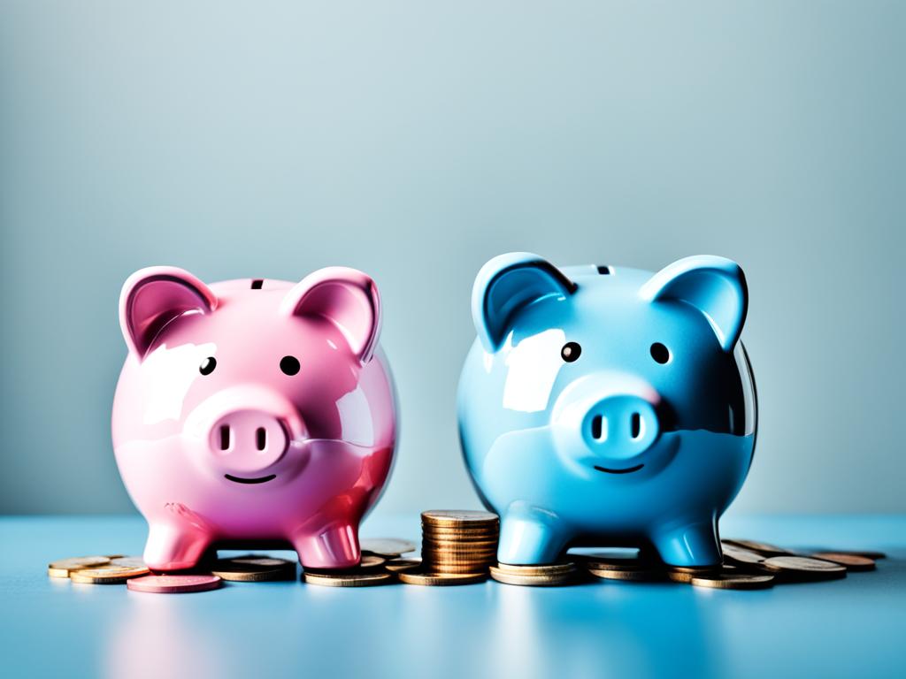 Two piggy banks, one painted blue and one painted pink, placed side by side and overflowing with coins and bills.