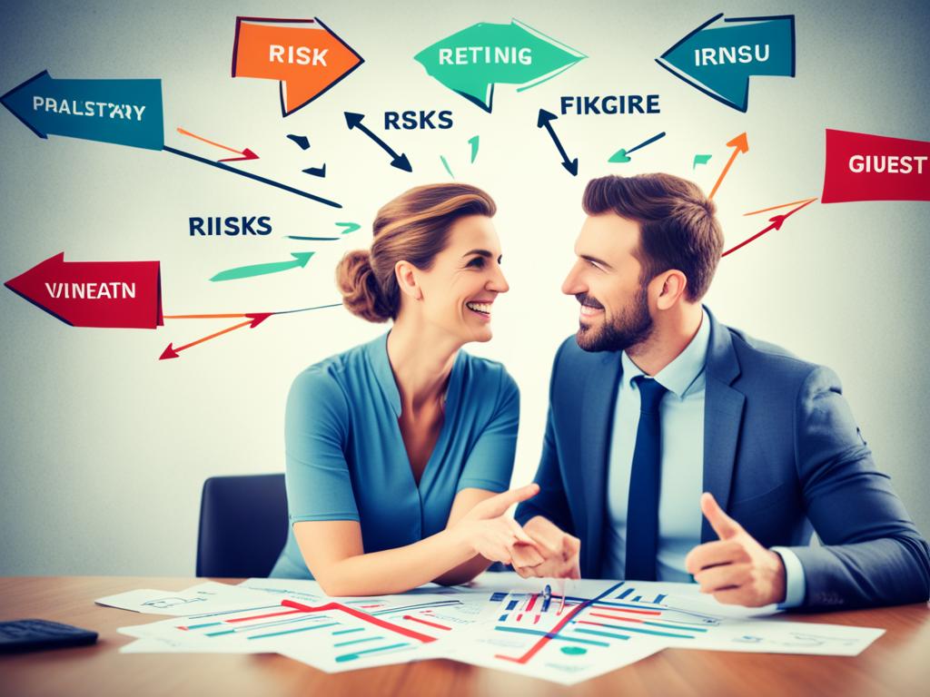 Financial Implications on Marriage: A couple surrounded by various investment options, with arrows pointing to each showing potential returns and risks. One partner has a conservative approach, while the other is more willing to take risks. They are both considering their long-term financial goals and evaluating the best strategy for their future.