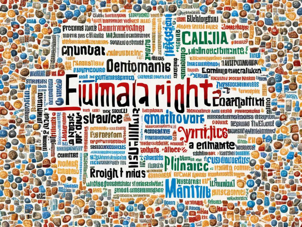 An image that shows the different types of human rights, such as civil, political, economic, social, and cultural, in a unified and cohesive manner. It shows the importance of these rights towards building a just and equitable society. Symbolic elements are used to represent each type of right.