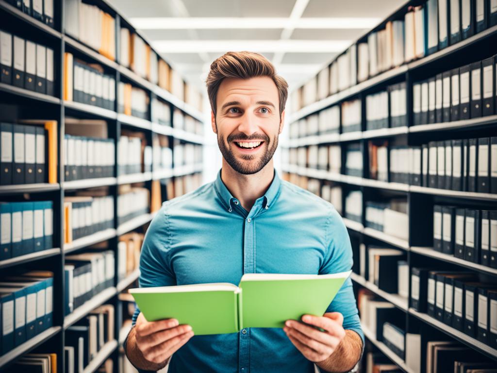 An image of a man holding a small, bite-sized piece of information. The man is standing in front of a giant bookshelf filled with thick textbooks, symbolizing the overwhelming traditional learning methods. The bite-sized piece of information is glowing and stands out, representing the effectiveness and convenience of microlearning. The overall tone is modern and minimalist.