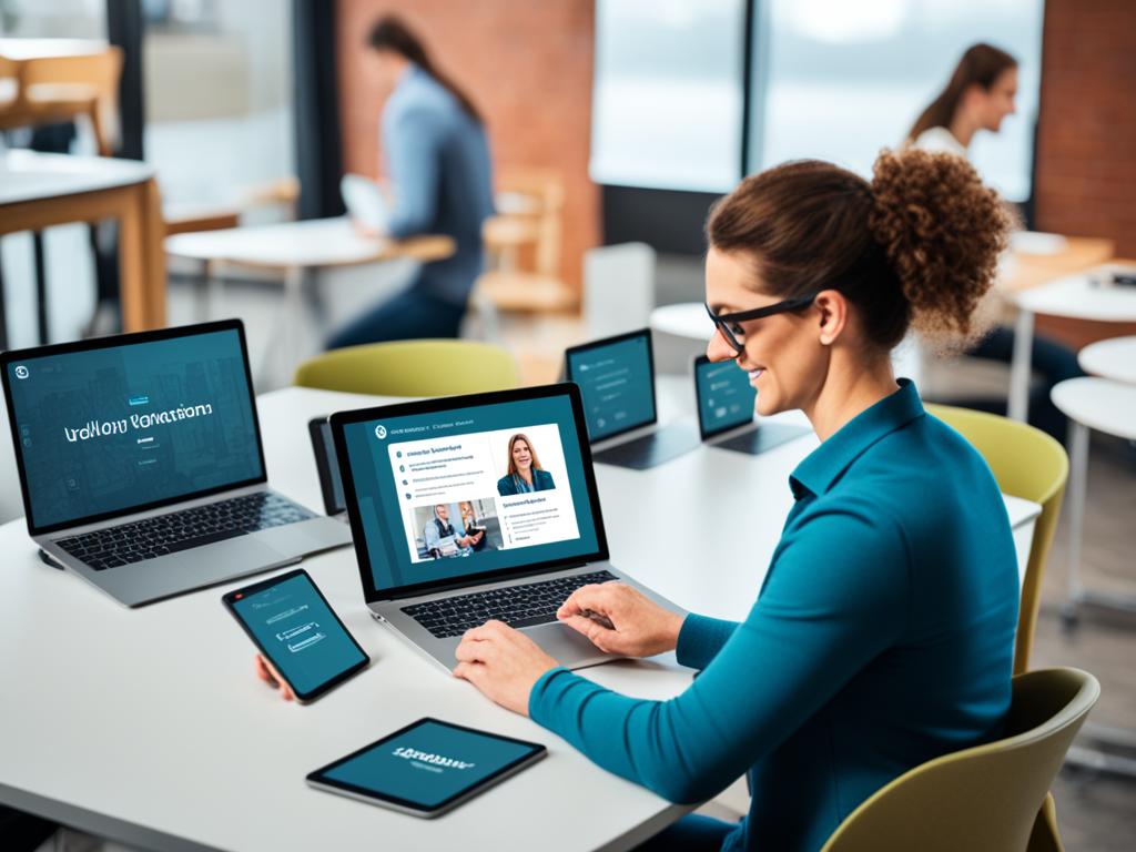 A lady accessing a learning platform on multiple devices in different locations, emphasizing the flexibility and accessibility of microlearning.