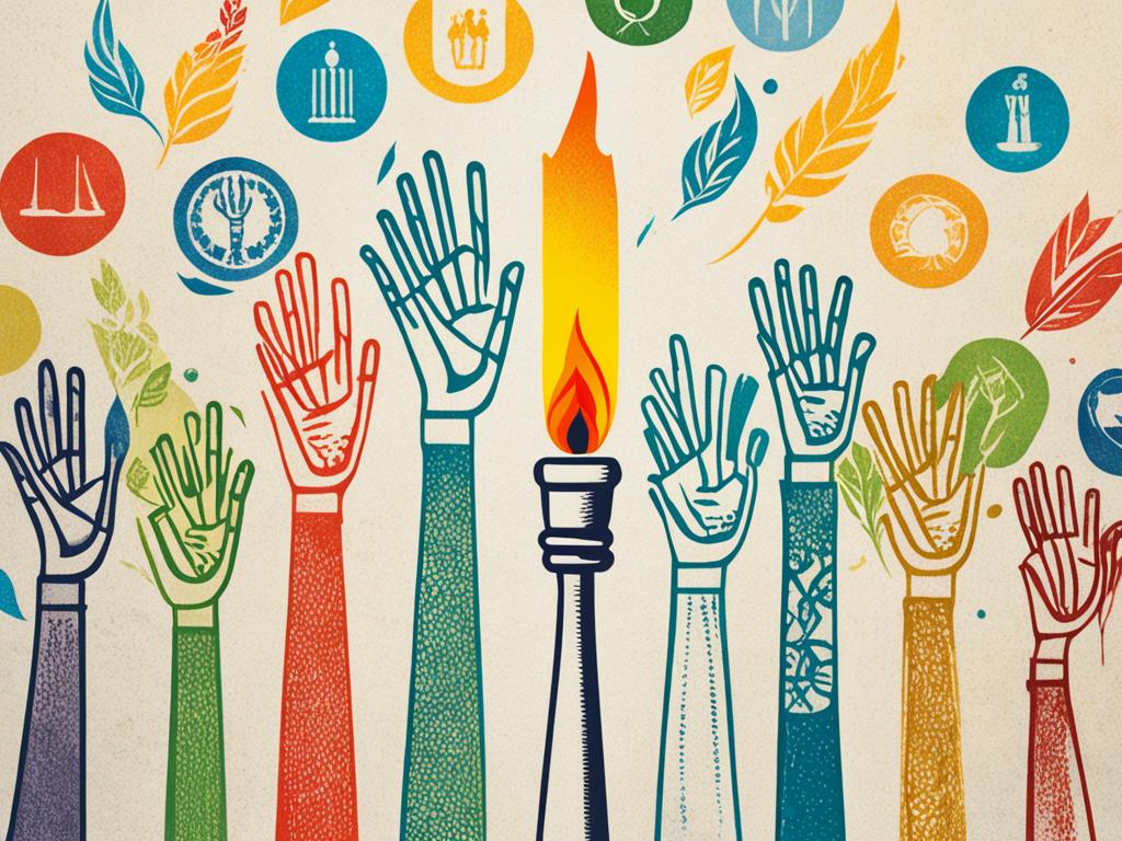 A human hand holding up a torch, symbolizing the illuminating nature of human rights. The torch emits a bright light that shines on a diverse group of people representing various races, genders, and ages. The people are holding hands and standing in solidarity, showcasing the unity that human rights bring. In the background, there is a scale representing justice and equality, with one side higher than the other to indicate the need to balance power dynamics.