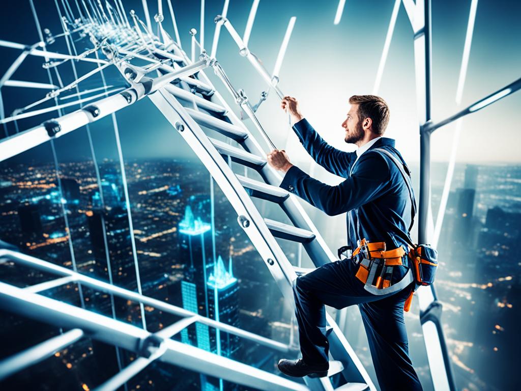 An image of a person climbing a ladder towards a glowing, futuristic cityscape, symbolizing the importance of continuously developing career skills to stay competitive in the ever-changing job market. The ladder is made up of different types of skills, such as communication, leadership, adaptability, and problem-solving. The person is dressed in business attire and have a determined expression on their face. The cityscape represents the potential opportunities available to those who continually strive to improve themselves and their skills. The overall tone is hopeful and inspiring.