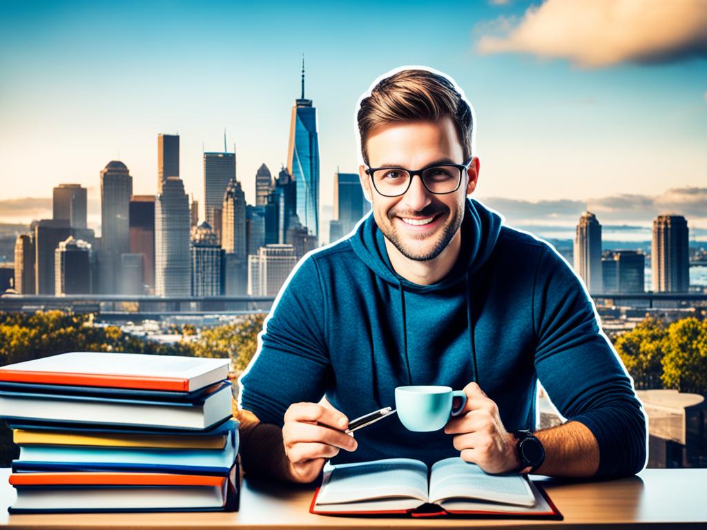 A young man working on his laptop while balancing a stack of books and holding a cup of coffee in one hand, with a city skyline in the background.