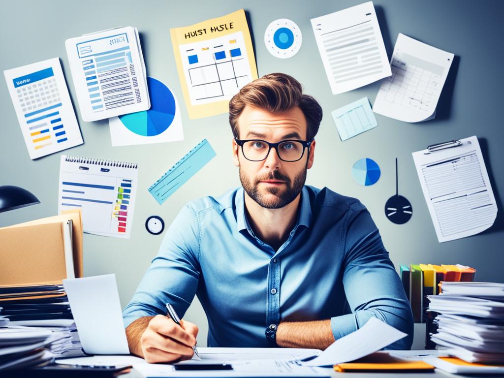 A minimalist image of a young man sitting at a desk with a notepad and pen, surrounded by various business-related items such as a calculator and documents. The man is deep in thought while carefully considering his ideas and strategies for his side hustle, with a determined and focused expression on his face. The image conveys the idea of careful planning and organization for the successful execution of a side hustle.