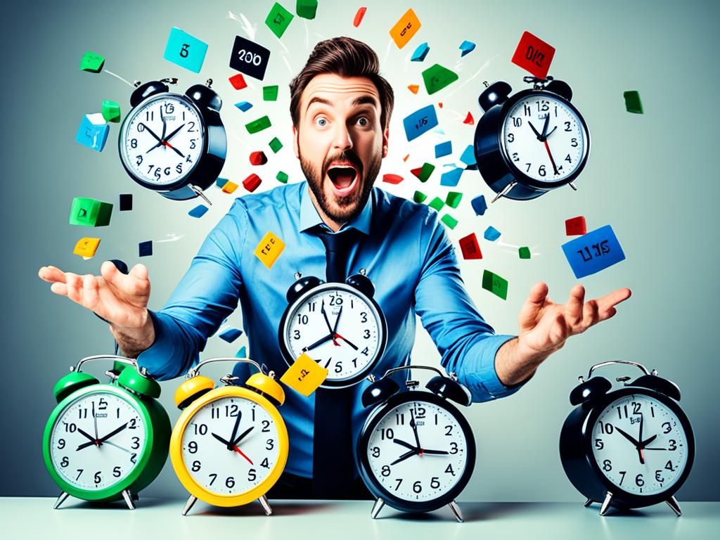 A man juggling multiple clocks with different tasks written on each one. Each clock has a different color and a varying number of arrows pointing towards a specific time deadline. The man appears to be handling the task with ease, indicating the importance of effective time management in a successful side hustle.