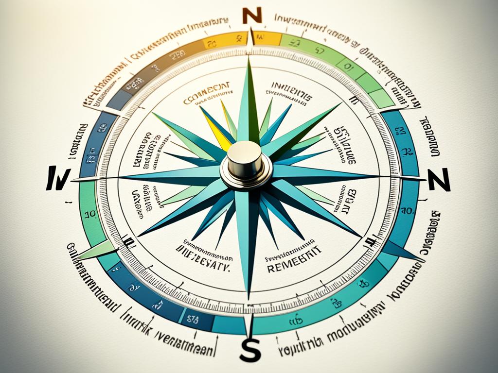 A visualization of a compass with different directions representing different investment goals. Each direction has its own unique color and symbol to represent goals such as retirement, wealth accumulation, risk management, and income generation. The compass is placed on a map with various landscape features, indicating that investing is a journey that involves careful navigation towards one's financial goals.