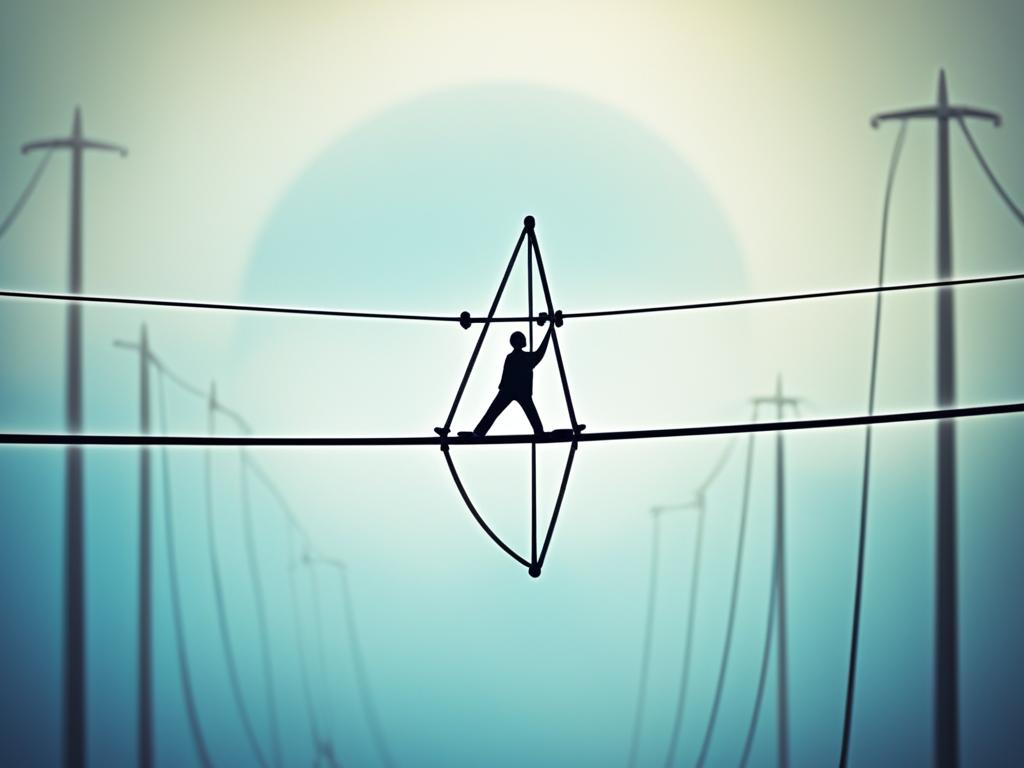 The concept of risk tolerance through an abstract representation of a tightrope walker balancing between two extremes. One side represents low-risk investments while the other represents high-risk opportunities. The tightrope walker's body language convey a sense of caution and balance as they navigate the thin line between safety and potential rewards. The background is blurred to emphasize the focus on the walker and their choice to take on risk