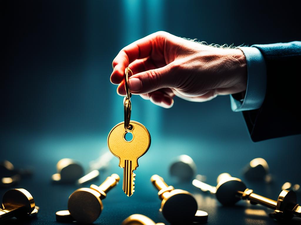 A hand holding a golden key, while surrounded by shadowy hands reaching out and trying to grab it. The background is dark and ominous, with a faint red glow. There are faint dollar signs scattered across the image, symbolizing the lure of money in financial fraud.