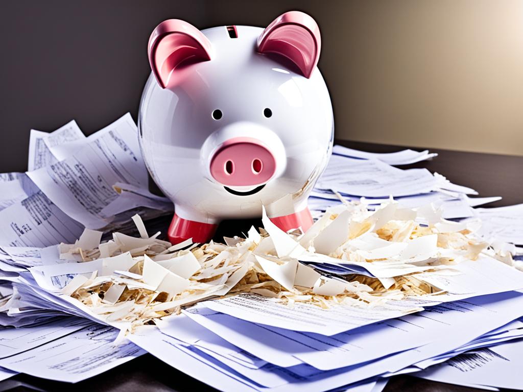 A pile of shredded documents and broken pieces of a piggy bank lying on a table.