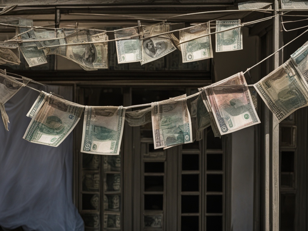 A tangled web of banknotes being washed and hung out to dry, with shadowy figures in the background.