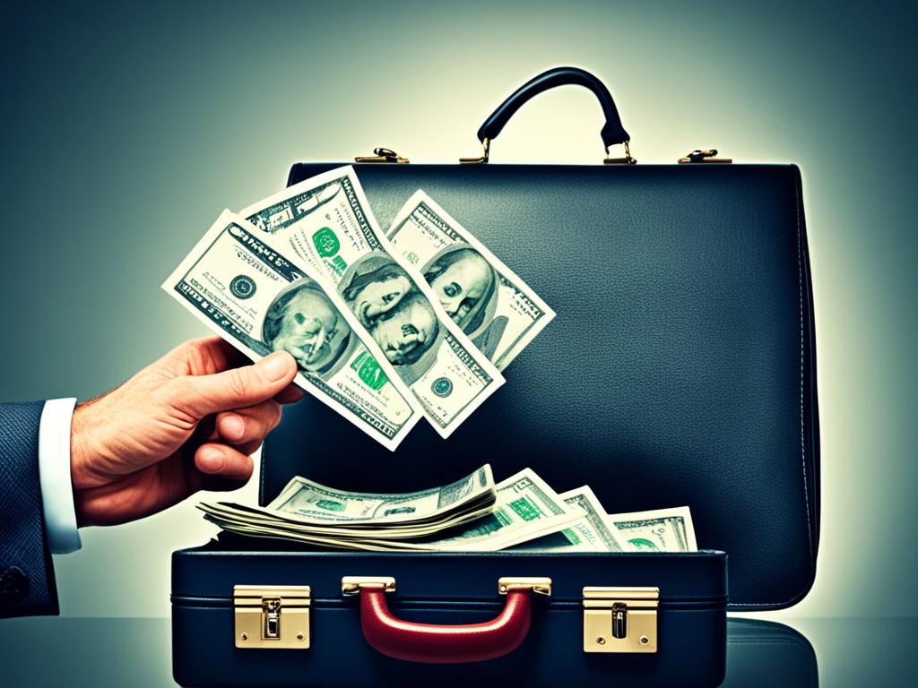 Fraud: An image of a hand secretly taking money from a briefcase, while the owner is distracted by something else in the foreground. The hand is positioned in a way that suggests deceit and deception, with the fingers tightly gripping the cash. The background is muted and understated to reflect the sneaky and covert nature of embezzlement.