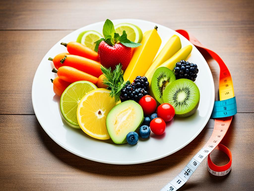 A plate filled with a colorful assortment of fruits and vegetables, with a measuring tape wrapped around it.