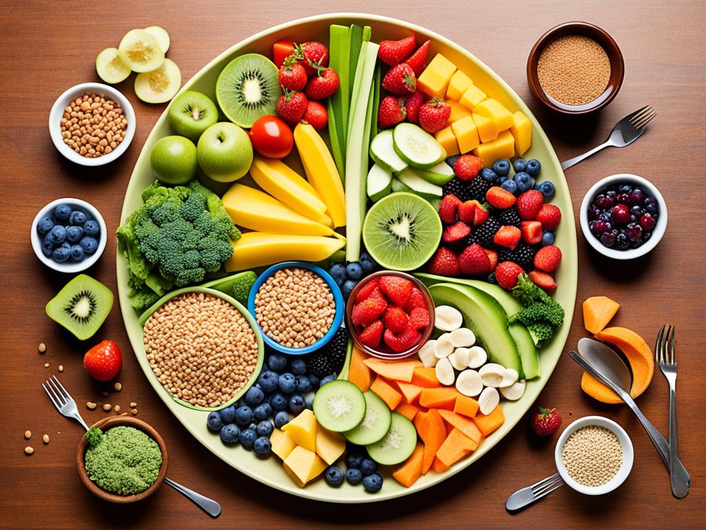 Dietary: An image of a balanced meal featuring a variety of colorful fruits and vegetables, lean proteins, and whole grains. The image shows a plate of these foods to represent the concept of balance and proportion in a healthy diet.