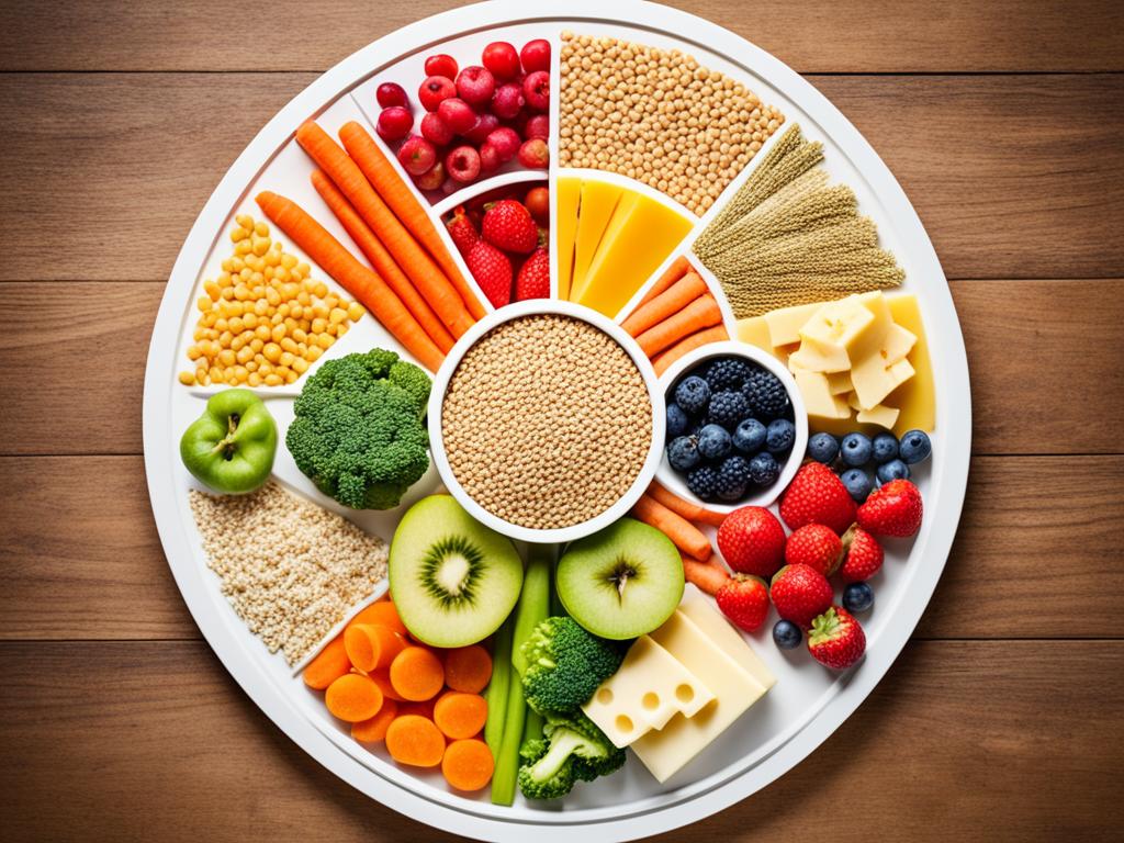 Dietary: An image of various food groups arranged in a circular shape, with fruits and vegetables forming the outer ring and grains, dairy, and protein, forming the inner rings. Each food group is represented by a variety of different colored and textured foods, such as red and green apples for fruits, broccoli and carrots for vegetables, whole grains for grains, a mix of cheese and milk cartons for dairy, and different meats and beans for protein. The image has a bright and colorful vibe, with a focus on healthy and diverse food choices.