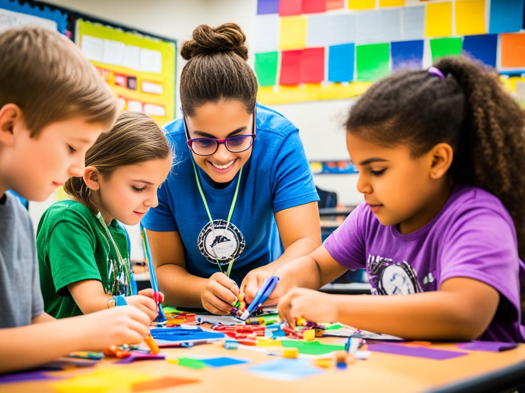 A group of students engaged in hands-on activities, working collaboratively on a project with their teacher guiding them. The classroom is filled with colorful materials and tools, showcasing the creativity and problem-solving skills of the students.