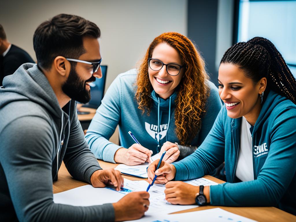 A group of diverse individuals sitting around a table, working on a project together. They are all actively engaged, listening to each other's ideas, and collaborating to find a solution. Some are using laptops, and others are using pen and paper to jot down notes. There is a sense of excitement and energy in the air as they work towards a common goal.